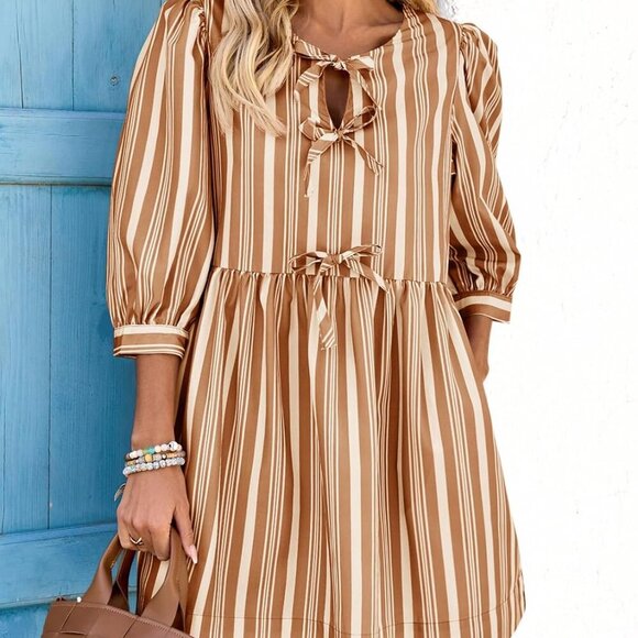 Women's Puff Sleeve Mini Dress Cotton Striped Casual Beach Summer Dress - Picture 5 of 5